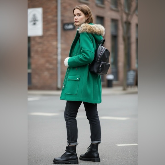 J. Crew Chateau Parka Italian Wool Stadium Cloth Faux Fur Hooded Coat Green Sz 4 - Picture 3 of 16